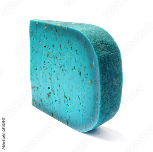 Dutch blue cheese. Cheese on a white background. Lavender pesto