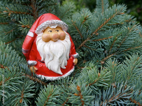 Santa Claus in the fir forest.  A cute little garden gnome in Santa Claus costume hides in the forest between fir branches.  (Not copyrighted) 