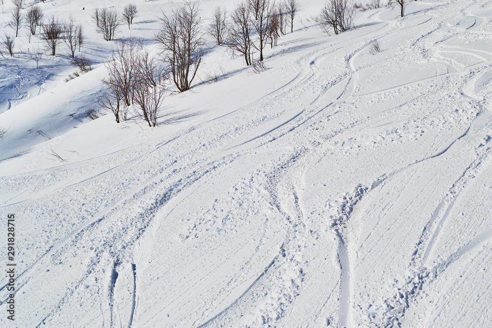 Ski tracks on powder snow at Les Sybelles ski domain, France, on a sunny Winter day.