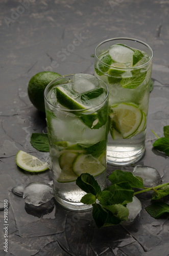 Ingredients for making mojito on grey concrete or stone background.