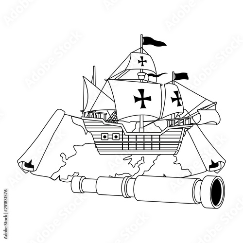 antique caravel ship with map paper and telescope navigation