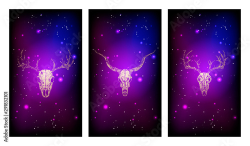 Vector set of three illustrations with gold silhouettes skulls deer and antelope against the background of the starry sky. © nadezhdash
