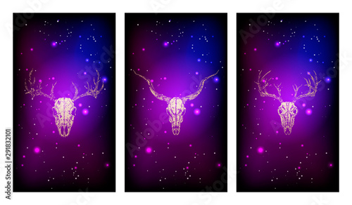 Vector set of three illustrations with gold silhouettes skulls deer and antelope against the background of the starry sky.