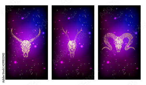 Vector set of three illustrations with gold silhouettes skulls roe deer, ram and buffalo against the background of the starry sky.