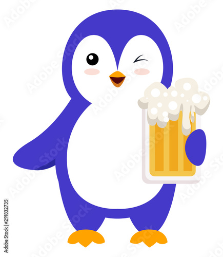 Penguin with beer, illustration, vector on white background.