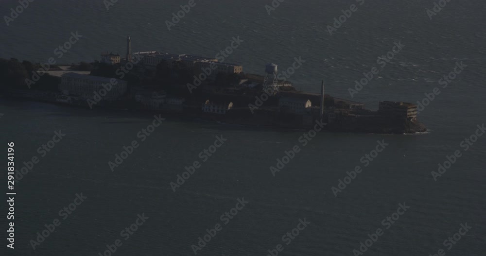 Aerial shot, day, zoom on alcatraz island from afar, drone
