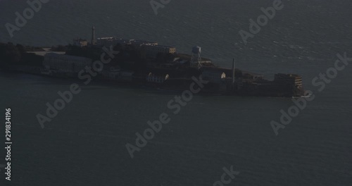 Aerial shot, day, zoom on alcatraz island from afar, drone
