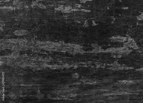 Old black background with layers of grunge texture designs and peeling paint and shabby barn wood