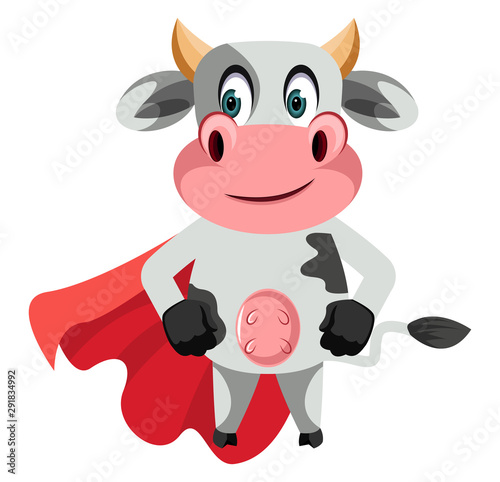 Cow with red cape illustration vector on white background.