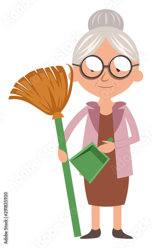 Granny with dust pan illustration vector on white background.