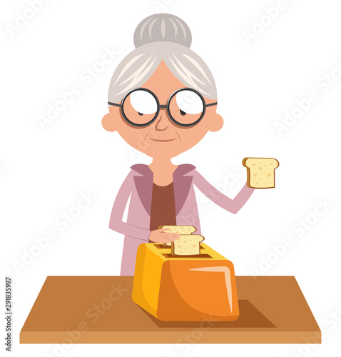 Granny using toaster illustration vector on white background.