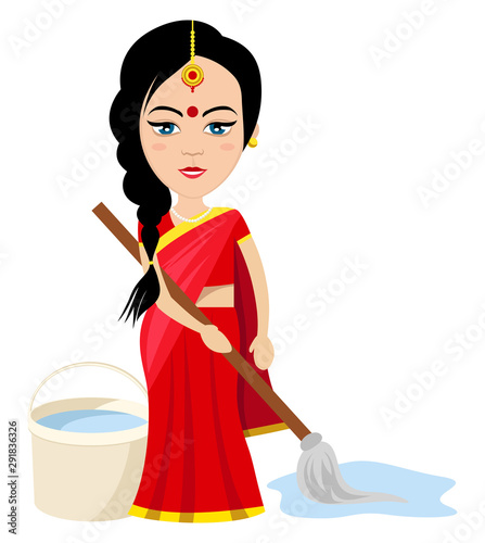 Indian woman moping  illustration vector on white background.