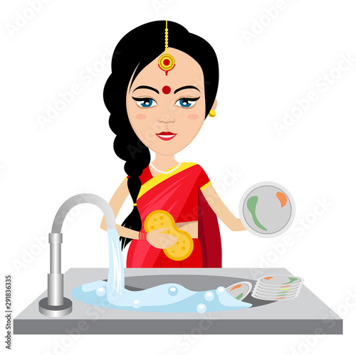Indian woman washing dishes  illustration vector on white background.