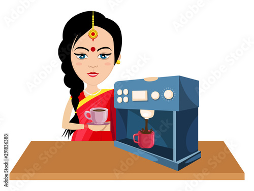 Indian woman making coffee, illustration, vector on white background.
