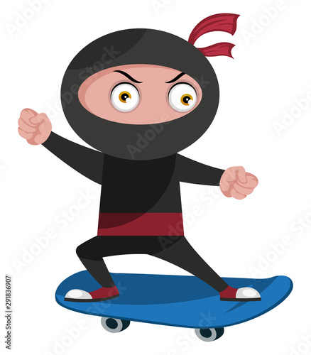 Ninja with skateboard, illustration, vector on white background. photo