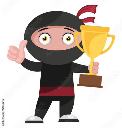 Ninja with trophy, illustration, vector on white background.