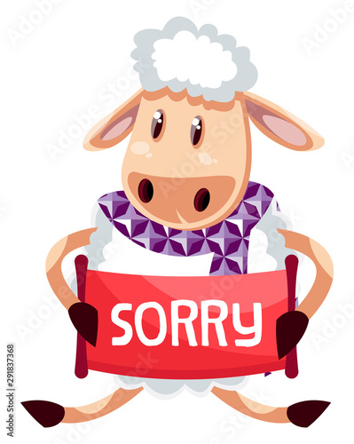 Sheep with sorry note, illustration, vector on white background.