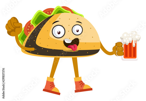Taco with beer, illustration, vector on white background.