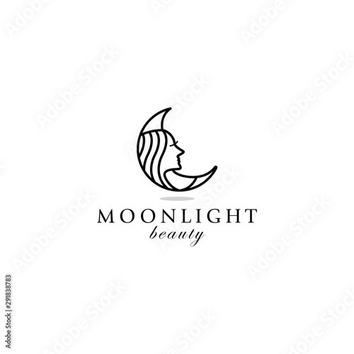 beautiful face in the moon line art logo vector icon ilustration