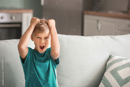 Portrait of angry little boy at home photo