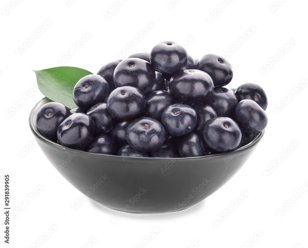 Bowl with fresh acai berries on white background Bowl with fresh acai berries on white background