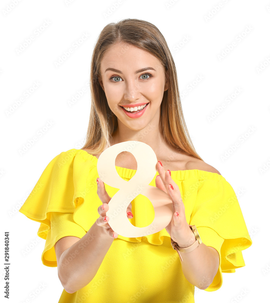 Beautiful young woman with figure 8 on white background. International Women's Day celebration Beautiful young woman with figure 8 on white background. International Women's Day celebration