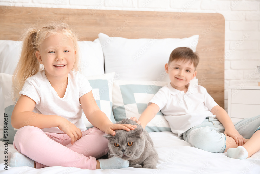 Little children with cute cat in bedroom Little children with cute cat in bedroom