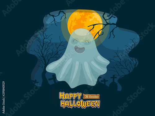Cartoon ghost and full moon night background. Concept cartoon Halloween day elements. Vector clipart illustration for holiday cards and banners
