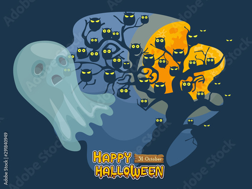Cartoon ghost and full moon night background. Concept cartoon Halloween day elements. Vector clipart illustration for holiday cards and banners