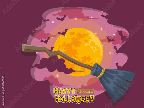 Cartoon witche broom and full moon night background. Concept cartoon Halloween day elements. Vector clipart illustration for holiday cards and banners