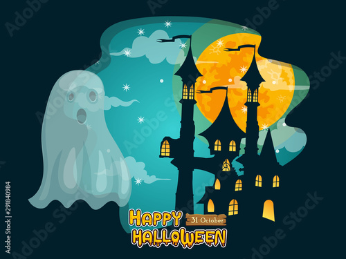 Cartoon ghost and full moon night background. Concept cartoon Halloween day elements. Vector clipart illustration for holiday cards and banners