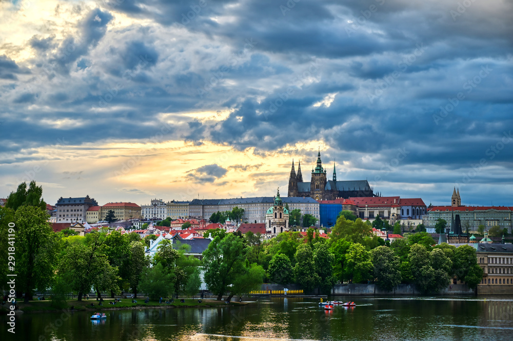 Naklejka premium A view of Prague Castle across the Vltava River in Prague, Czech Republic.