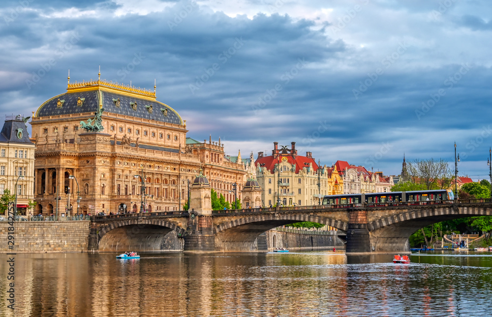 The National Theatre located in Prague, Czech Republic on the Vltava River.