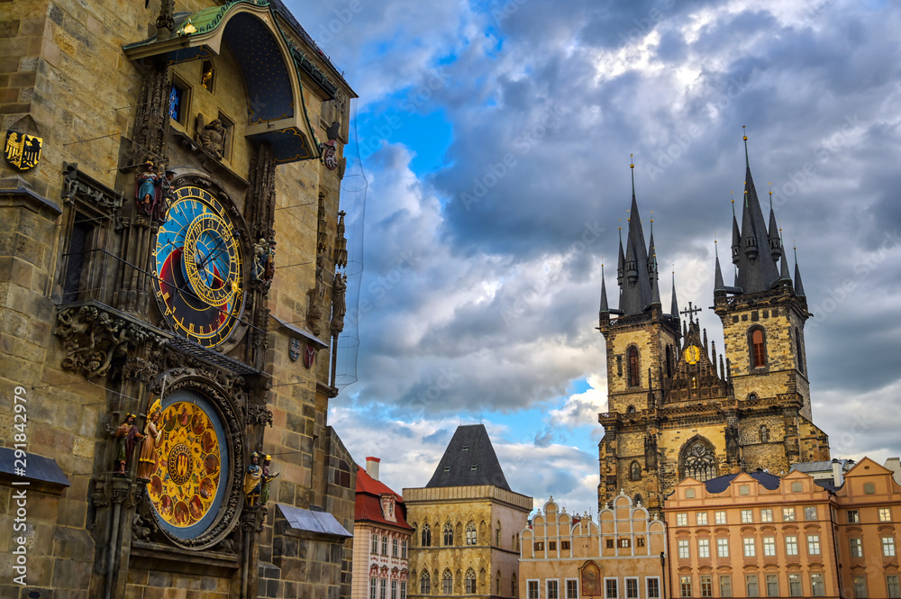 Obraz premium The Prague Astronomical Clock located at the Old Town Hall and the Church of Our Lady before Tyn in Prague, Czech Republic.