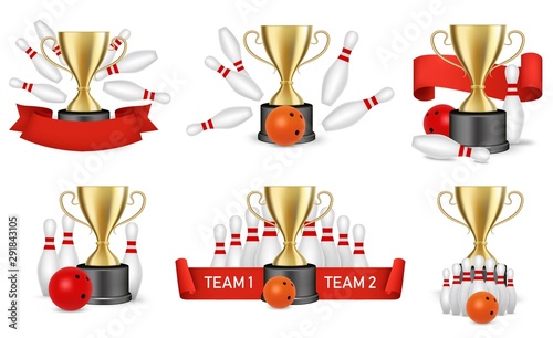 Bowling tournament reward set, vector isolated illustration