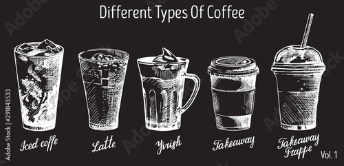 Vector vintage hand drawn coffee types set