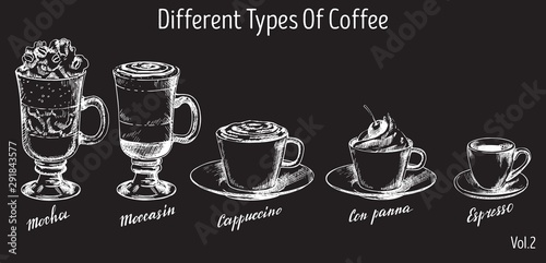 Vector vintage hand drawn coffee types set