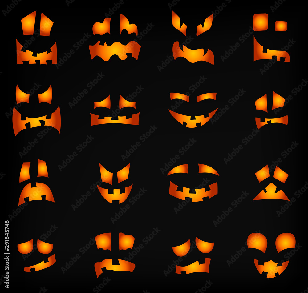 Halloween Pumpkin Faces Scary Smiles on Dark. Spooky Ghost Smiley Horror Characters Set. Lantern with Glowing Eyes at Night. Halloween Banner or Invitation Card Template Elements. Vector Illustration.
