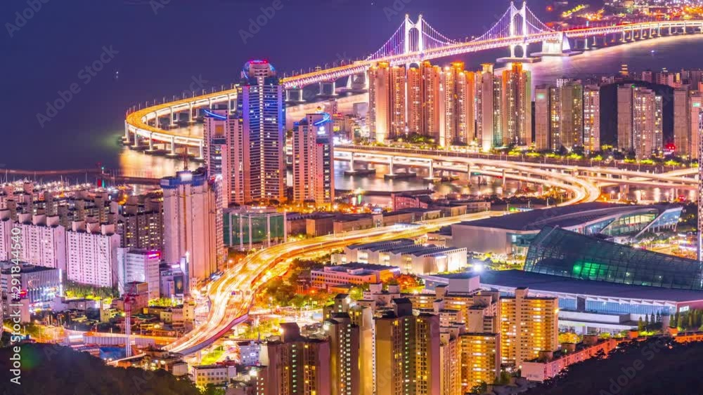 Timelapse Top view of Gwangan Bridge and Haeundae at night. Busan City, South Korea. Timelapse Top view of Gwangan Bridge and Haeundae at night. Busan City, South Korea.