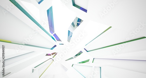 Abstract architectural glass gradient color interior of a minimalist house with large windows. 3D illustration and rendering.