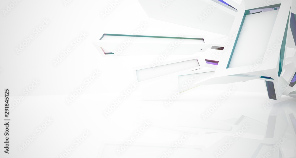 Abstract architectural glass gradient color interior of a minimalist house with large windows. 3D illustration and rendering.