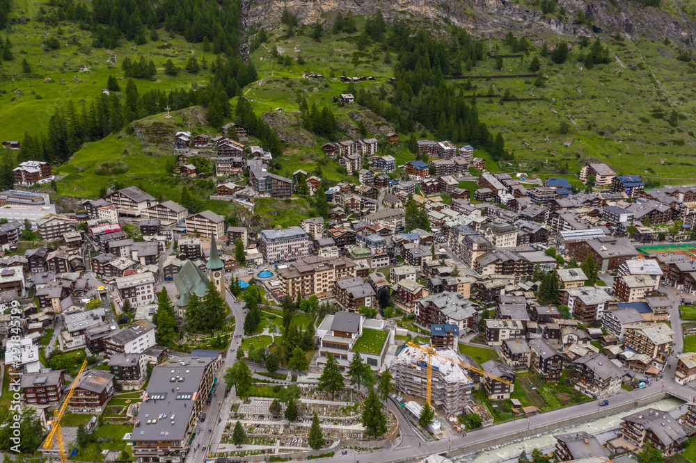Aerial view of villages on Zermatt valley in summer time