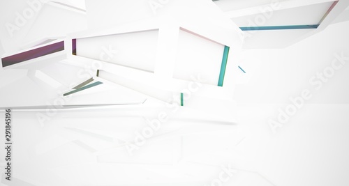 Abstract architectural glass gradient color interior of a minimalist house with large windows. 3D illustration and rendering.