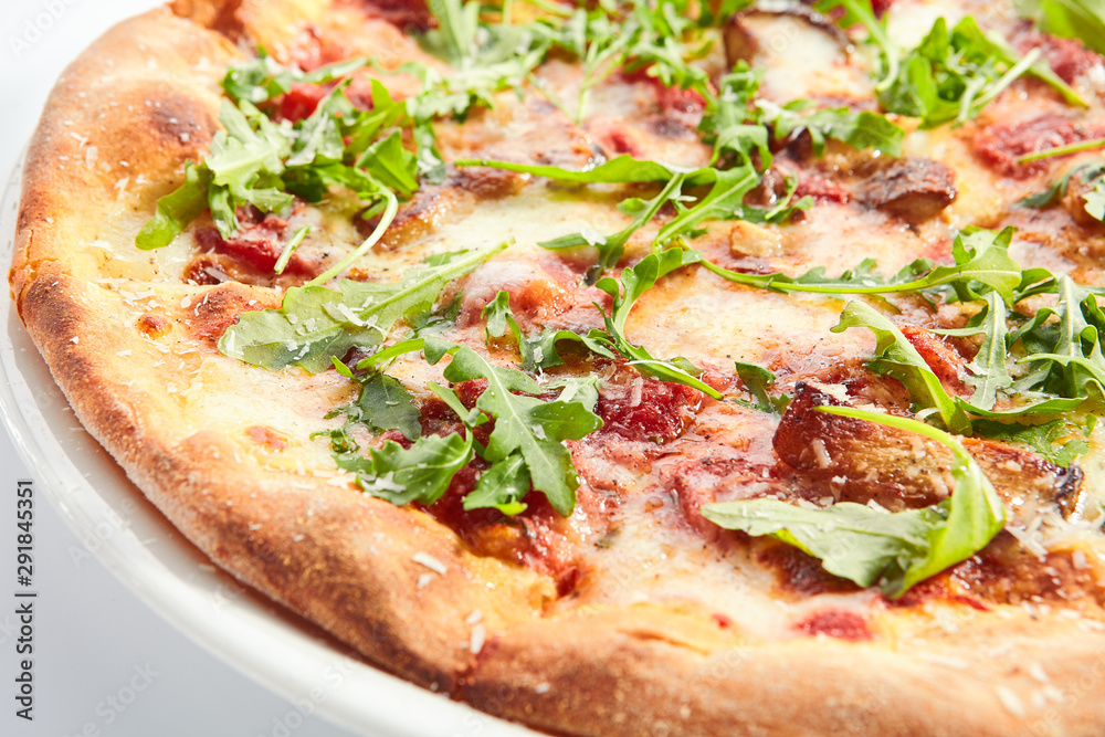 Pizza with porcini mushrooms and truffle oil top view Pizza with porcini mushrooms and truffle oil top view