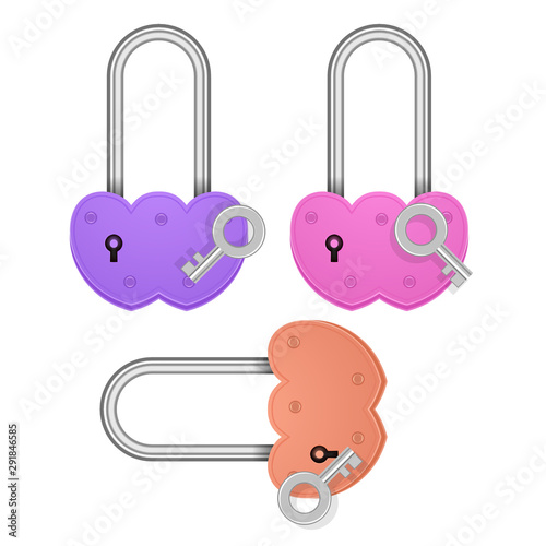 Set of Heart shaped padlocks. Valentines day love concept. 3D Vector Illustration, EPS 10 format