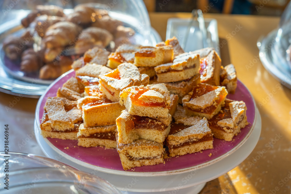 Delicious pieces of cake and jam in buffet party Delicious pieces of cake and jam in buffet party