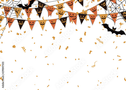 Halloween party background. Party flag, spider web and bat.