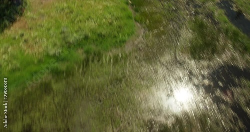 Helicopter aerial moving quickly over forest, drone footage