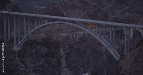 Drone footage panning over Hoover dam, helicoter aerial