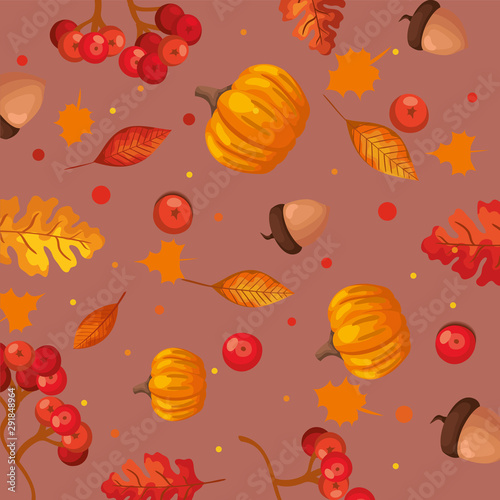 pumpkins with leafs and nuts autumn pattern background